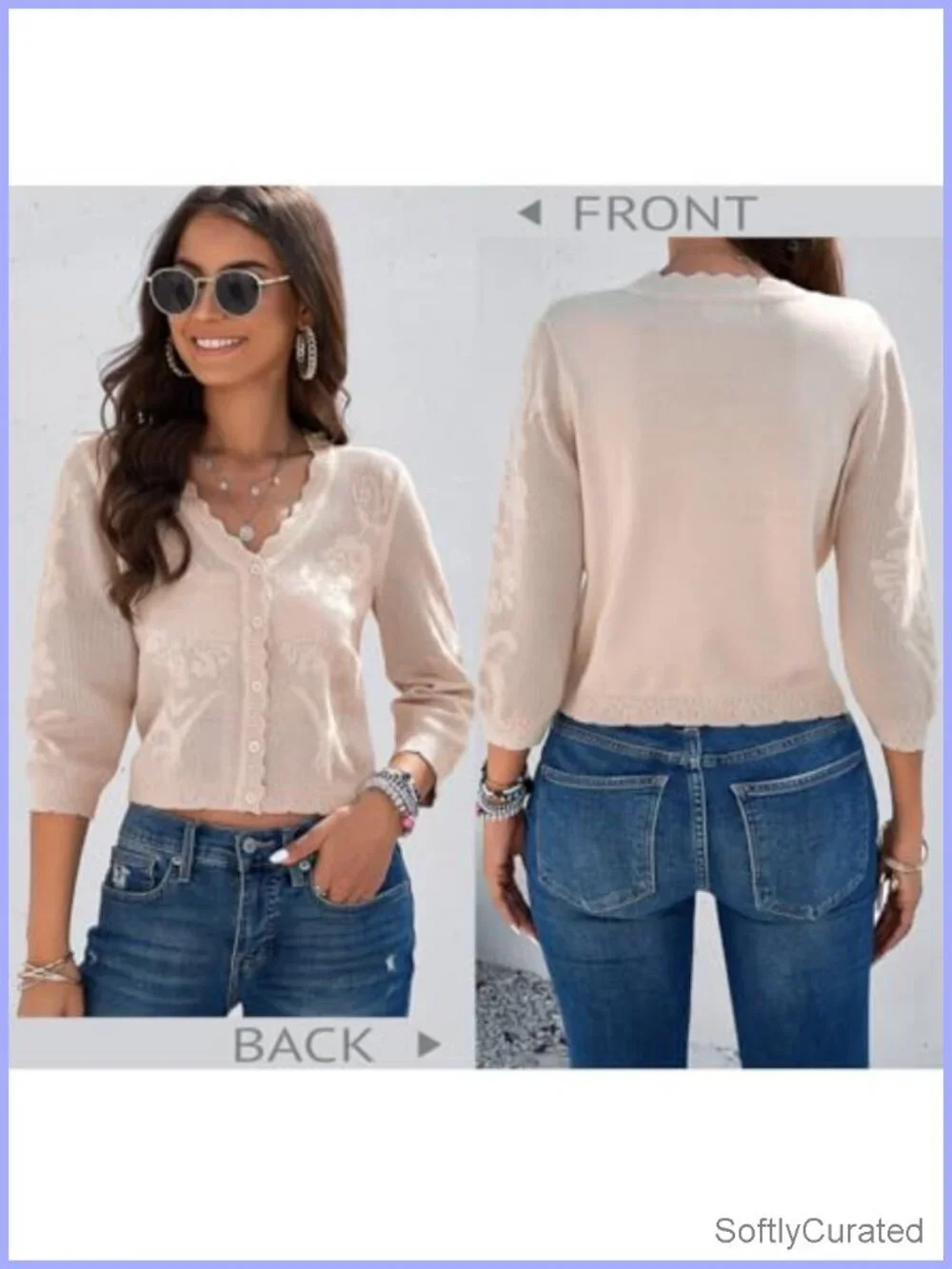 Crochet Textured Shrugs, 3/4 Sleeve Button Down Cardigan, Lightweight Knitwear